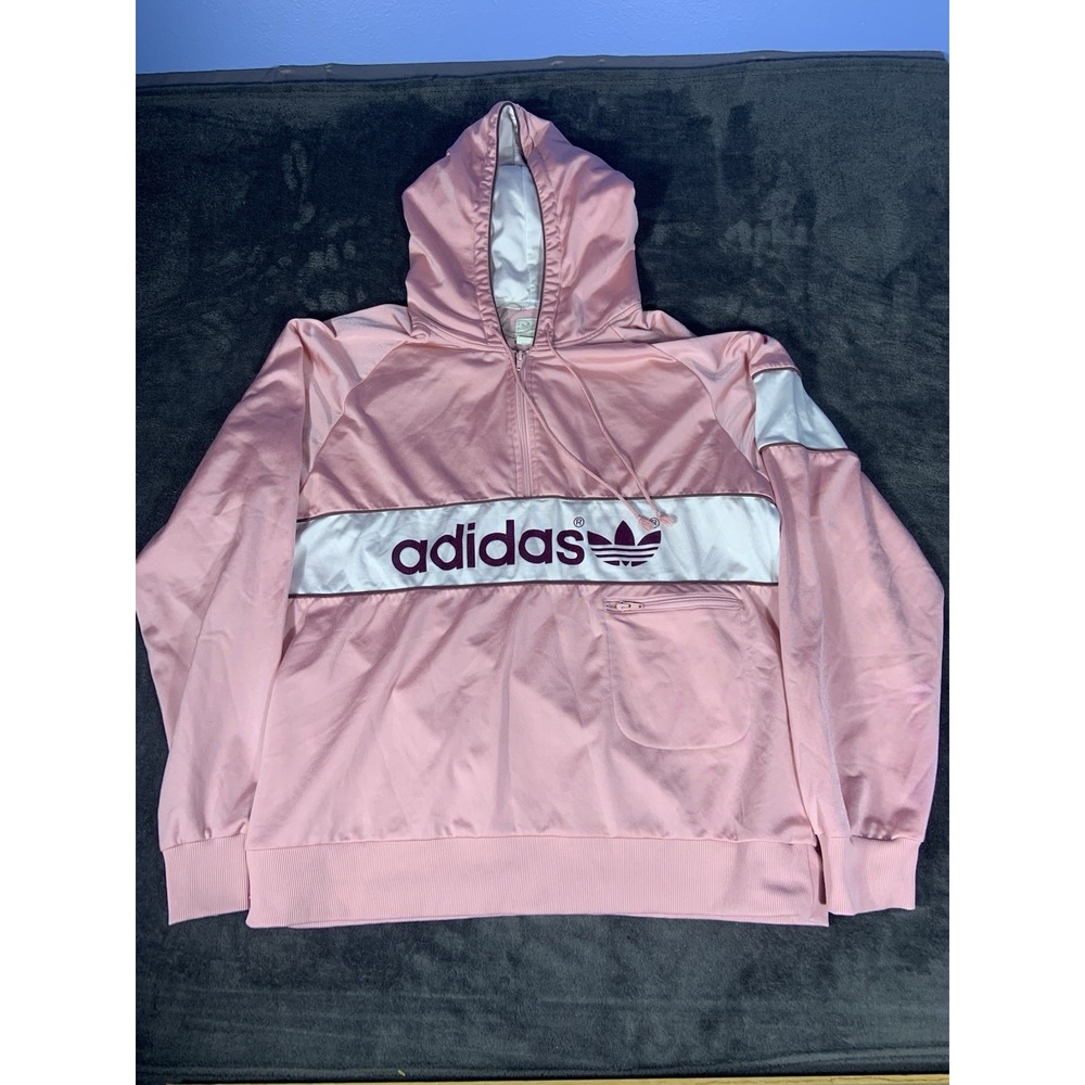 Adidas Jacket Vintage Retro Hooded Pullover Track Hoodie Pink 1/4 Zip Up Sz XL
